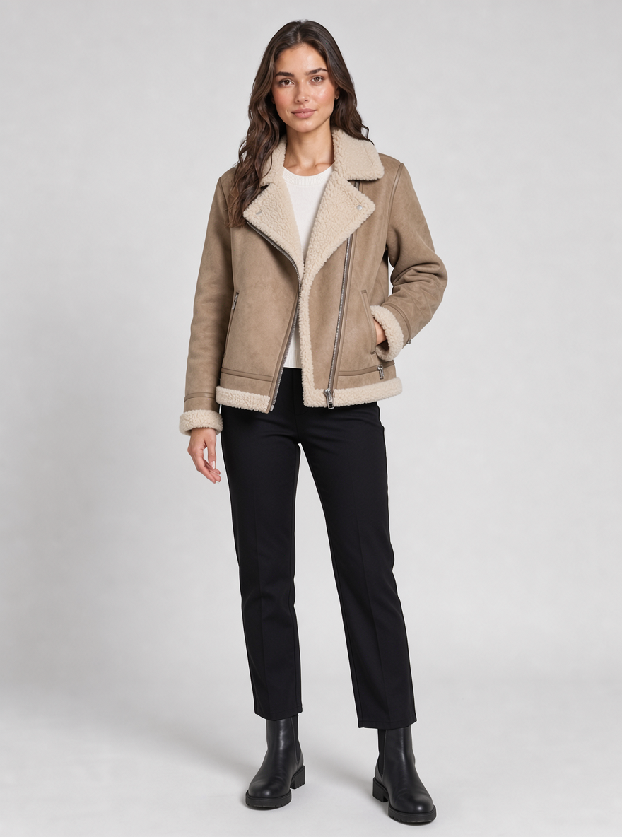 Women's sherpa aviator jacket in beige – front