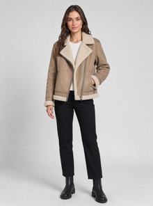 Women's sherpa aviator jacket in beige – three-quarter view