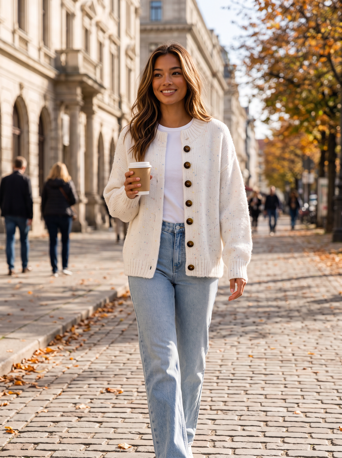 Model wearing ivory white fluffy knit cardigan walking on an autumn city street