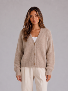 Model wearing khaki fluffy knit V-neck button cardigan, front view