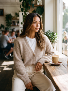 Model wearing khaki fluffy knit cardigan seated at a cafe table