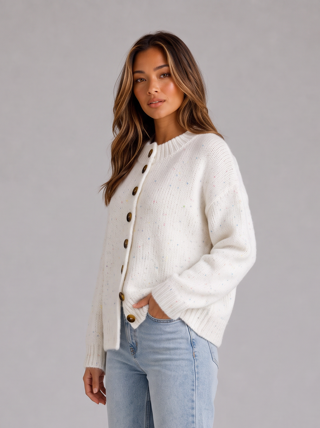 Model wearing ivory white fluffy knit button front cardigan, side view