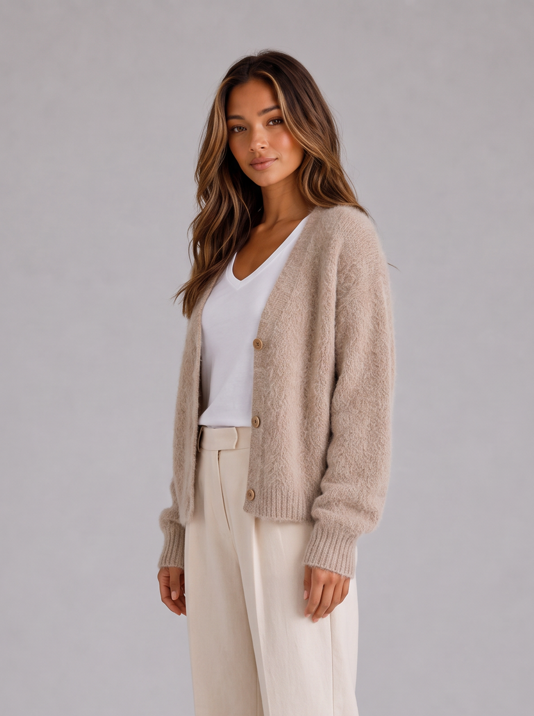 Model wearing khaki fluffy knit V-neck cardigan worn open, side view
