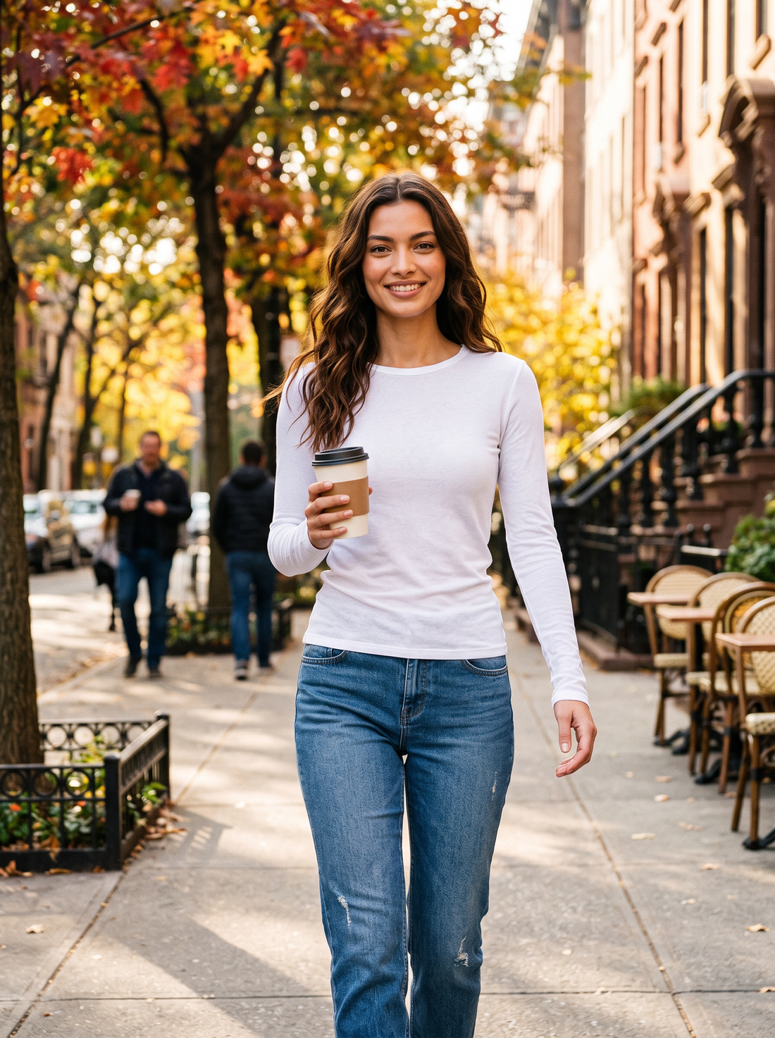 Woman wearing white slim fit long sleeve top walking on a city street holding a coffee