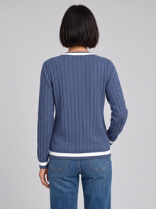 Violet blue ribbed V-neck jumper with contrast trim, back view
