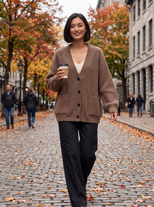 Woman styling coffee oversized V-neck knit cardigan, lifestyle shot