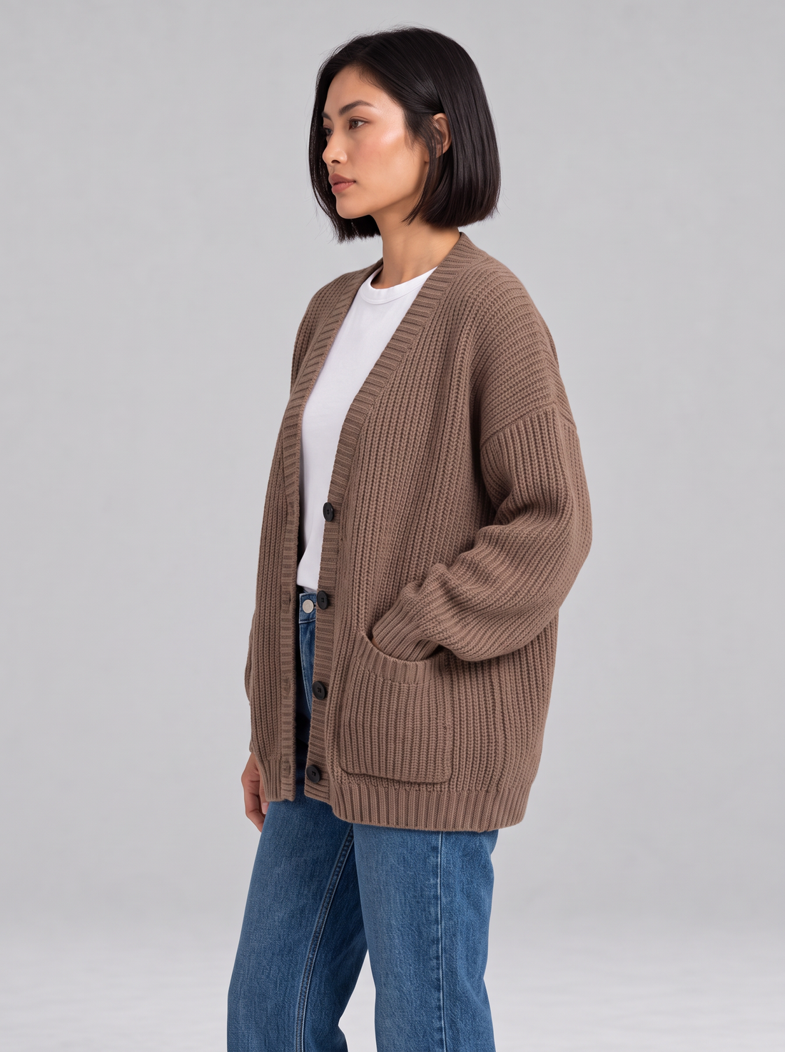 Coffee oversized chunky knit button cardigan, side view
