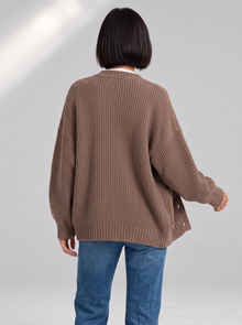 Coffee oversized chunky knit button cardigan, back view