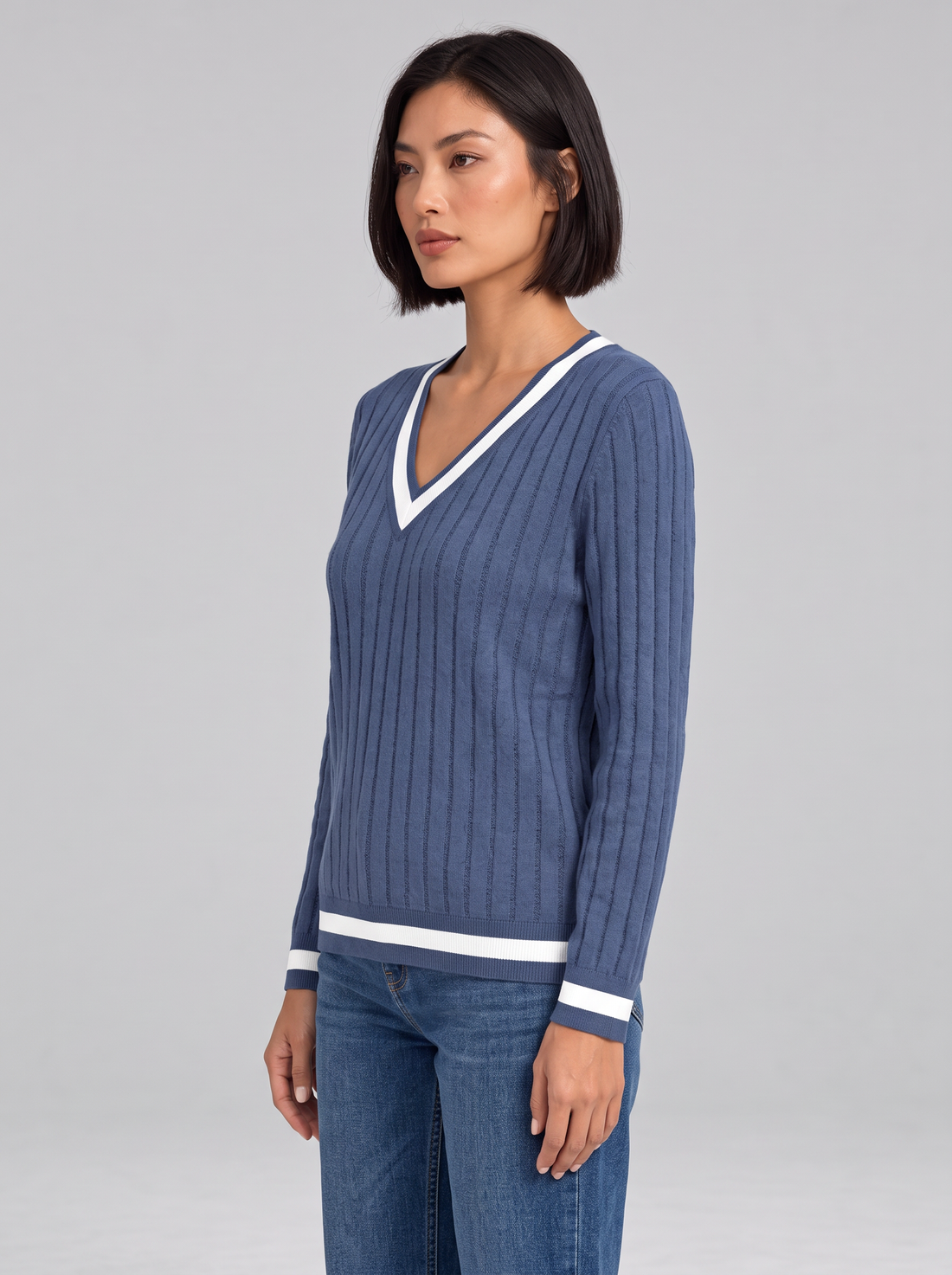 Violet blue ribbed V-neck jumper with contrast trim, side view
