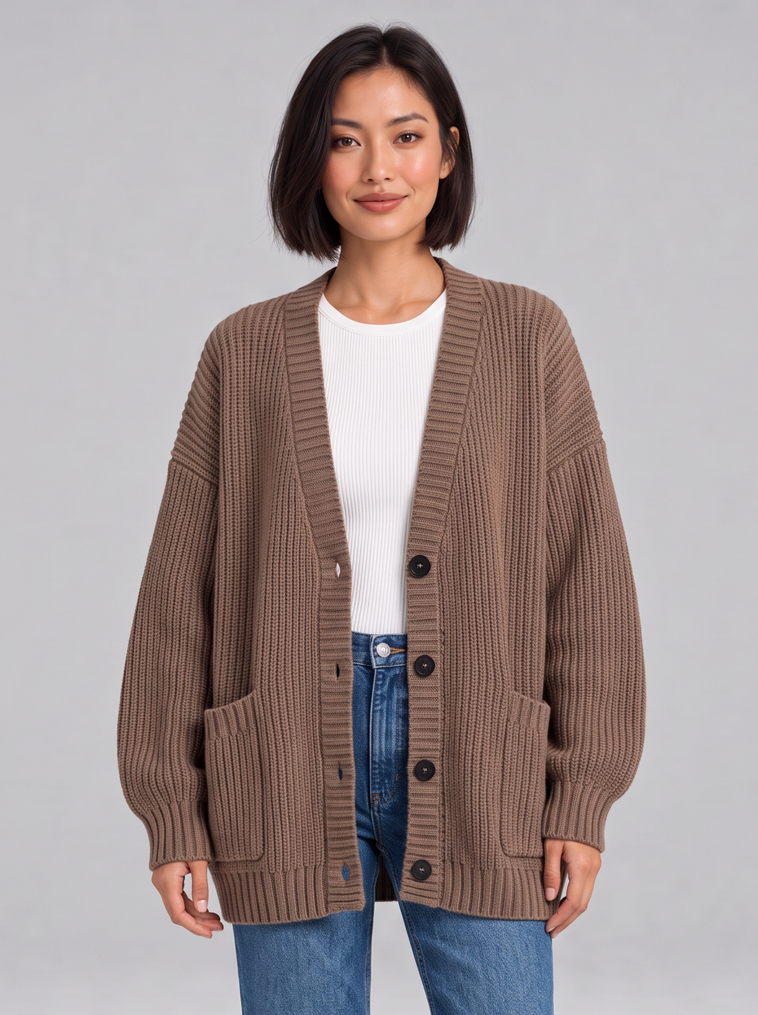 Woman wearing oversized chunky knit V-neck button cardigan in coffee, front view
