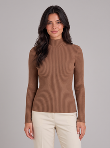 Woman wearing brown slim fit ribbed mock neck jumper, front view