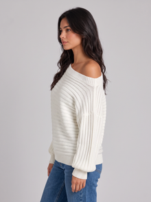 White off-shoulder ribbed batwing jumper, side view