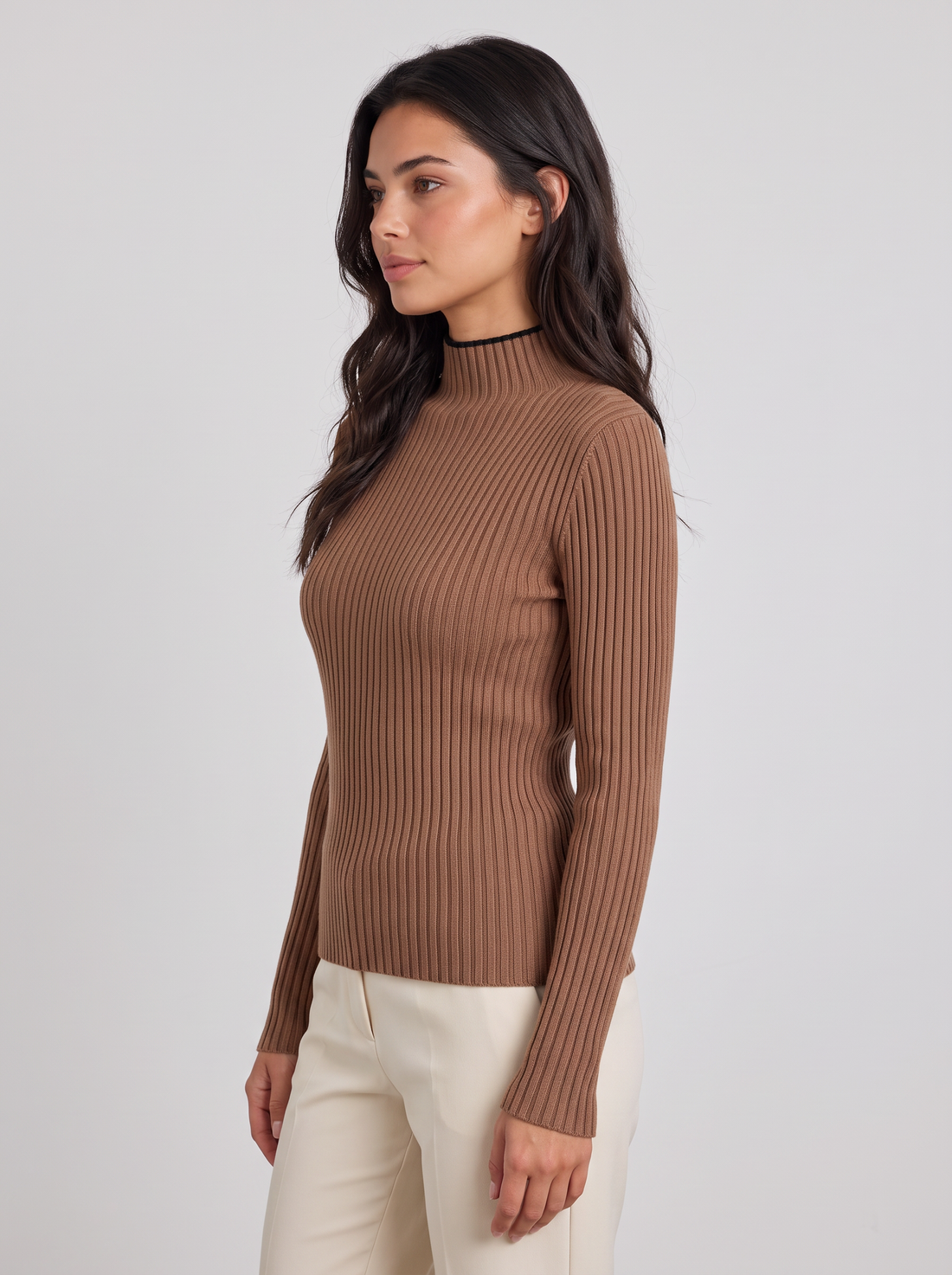 Brown slim fit mock neck jumper, side view