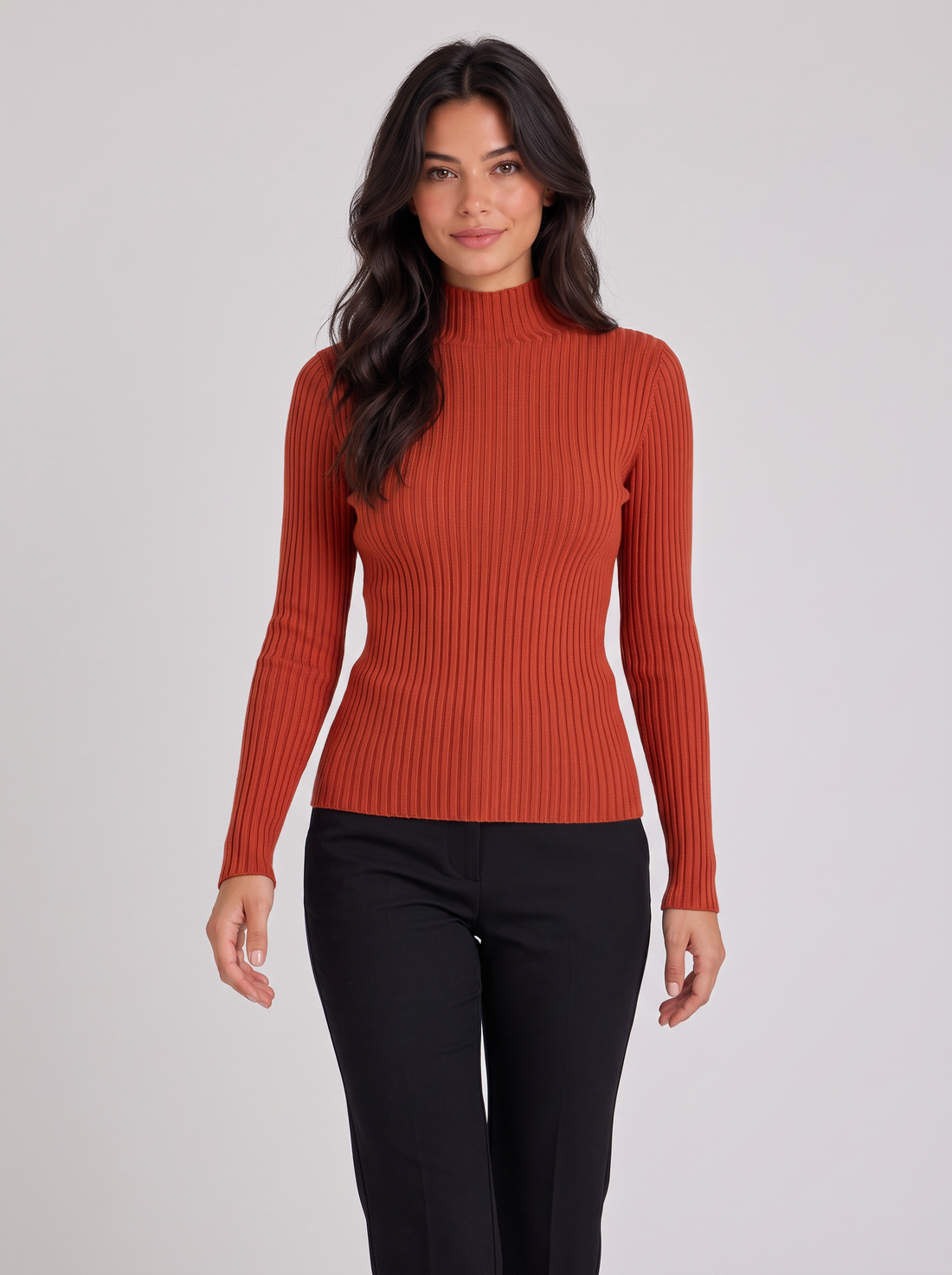 Woman wearing red slim fit ribbed mock neck jumper