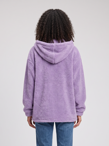 Lilac hooded teddy fleece cardigan jacket, back view