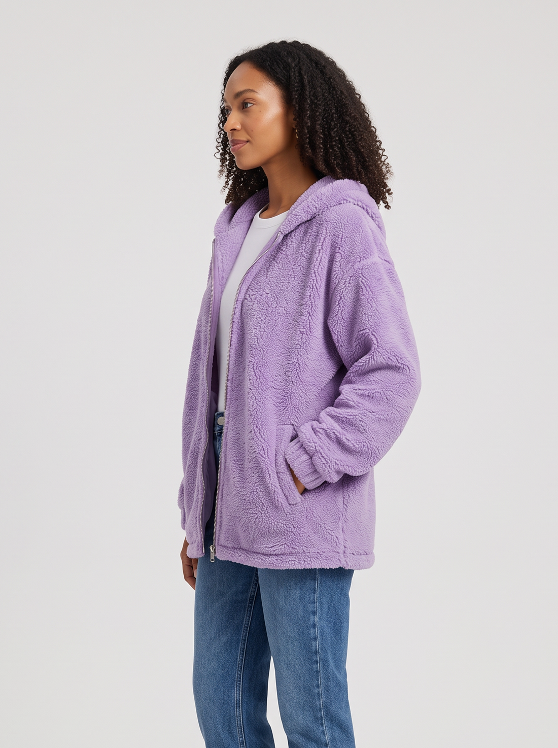 Lilac hooded teddy fleece cardigan jacket, side view