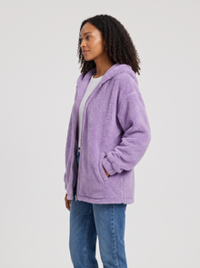 Lilac hooded teddy fleece cardigan jacket, side view