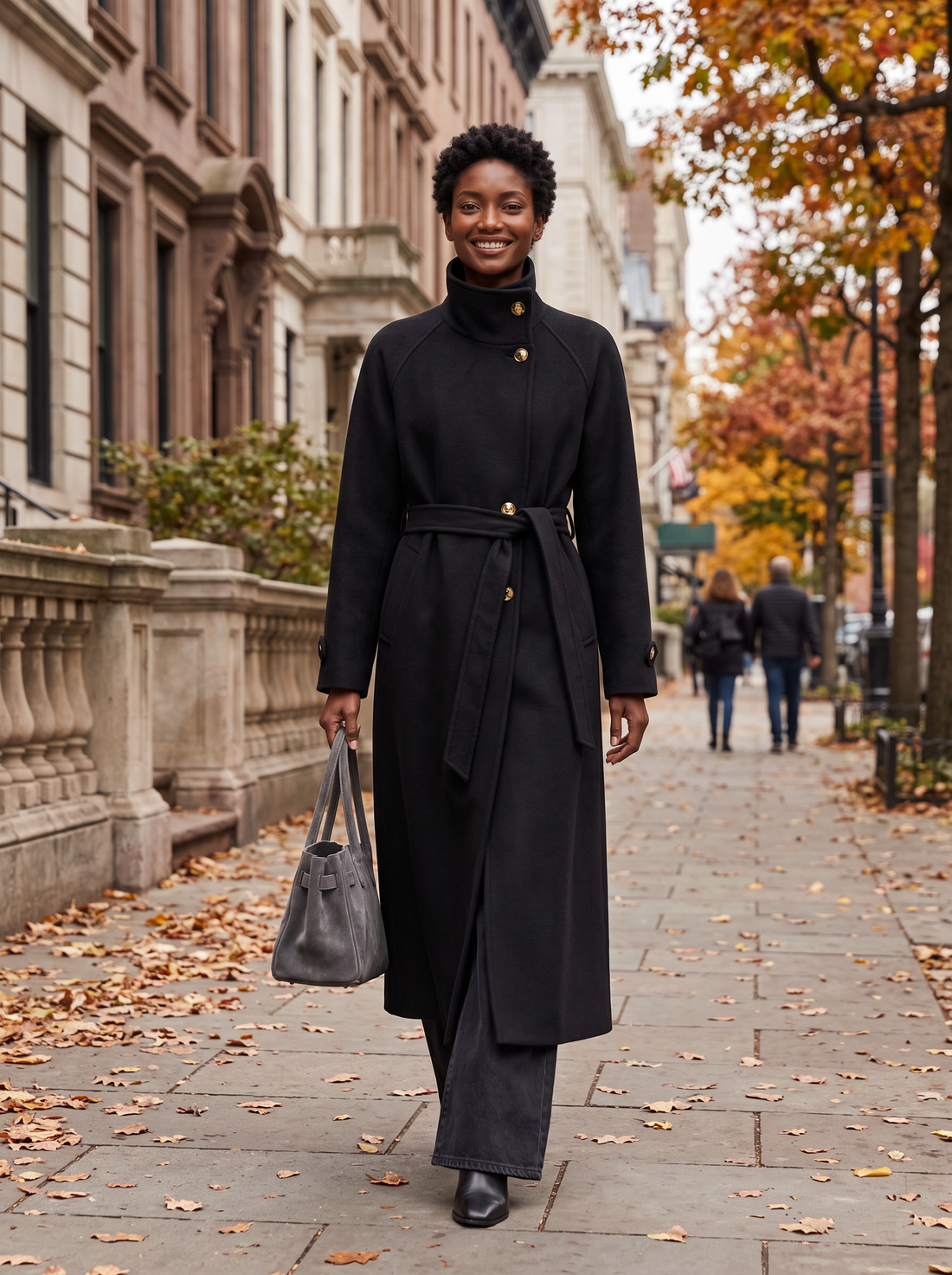 Woman walking in black high-collar belted wool coat with grey tote bag