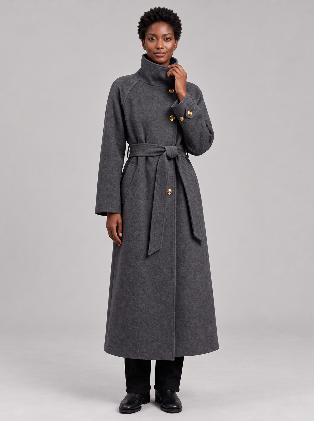 Grey belted longline wool coat with high stand collar, women's