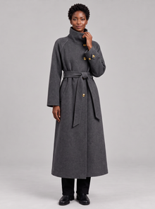Grey belted longline wool coat with high stand collar, women's