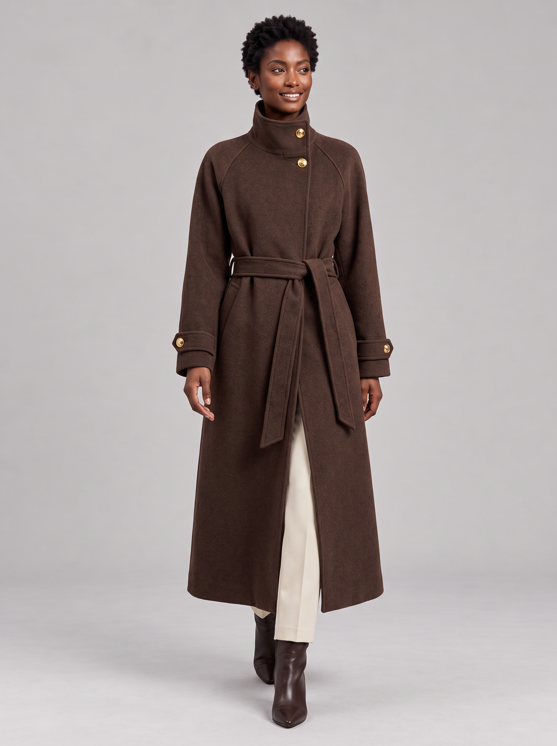 Brown belted longline wool coat with high stand collar, women's