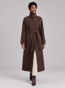 Brown belted longline wool coat with high stand collar, women's
