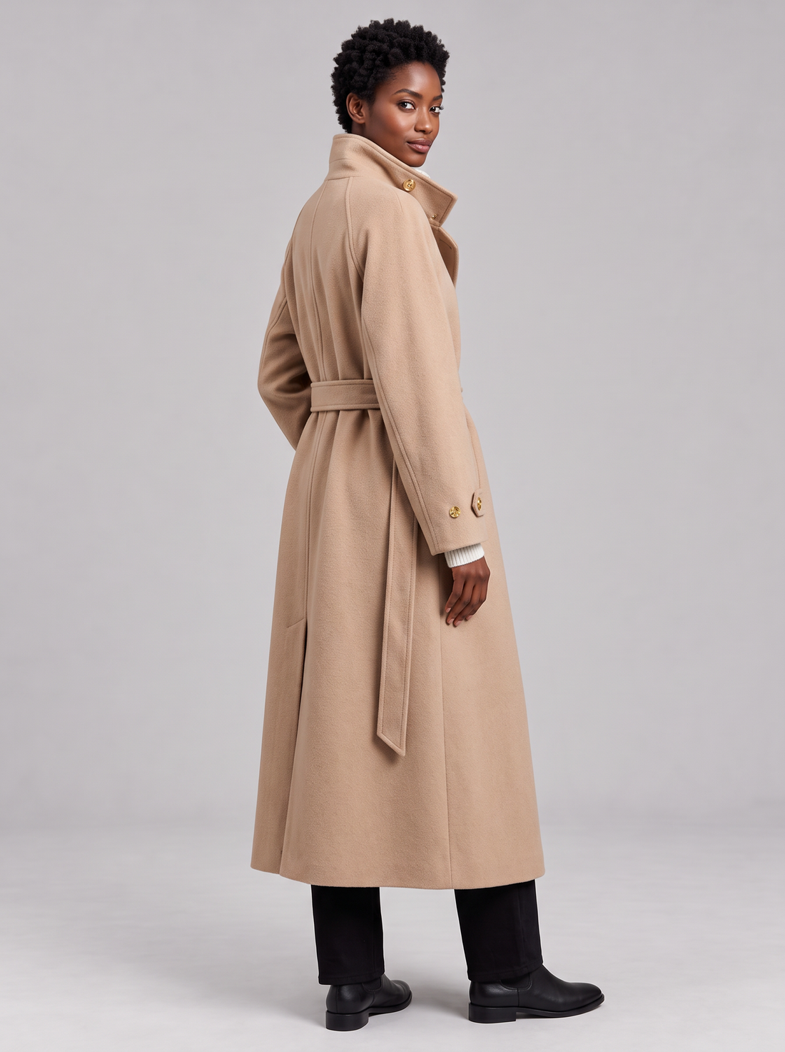 Beige belted longline wool coat with high stand collar, women's