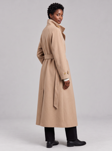 Beige belted longline wool coat with high stand collar, women's