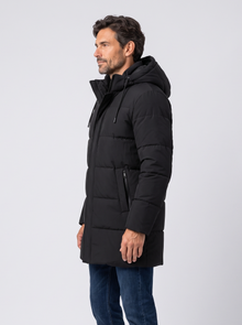 Side view of men's black insulated puffer jacket with side pockets
