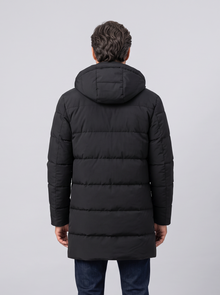 Back view of men's black hooded waterproof puffer jacket