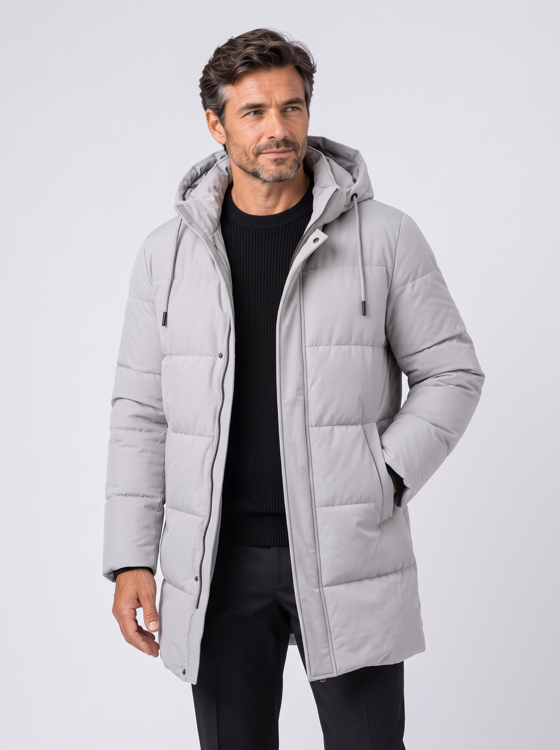 Men's grey waterproof insulated long puffer jacket with hood