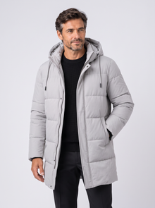 Men's grey waterproof insulated long puffer jacket with hood