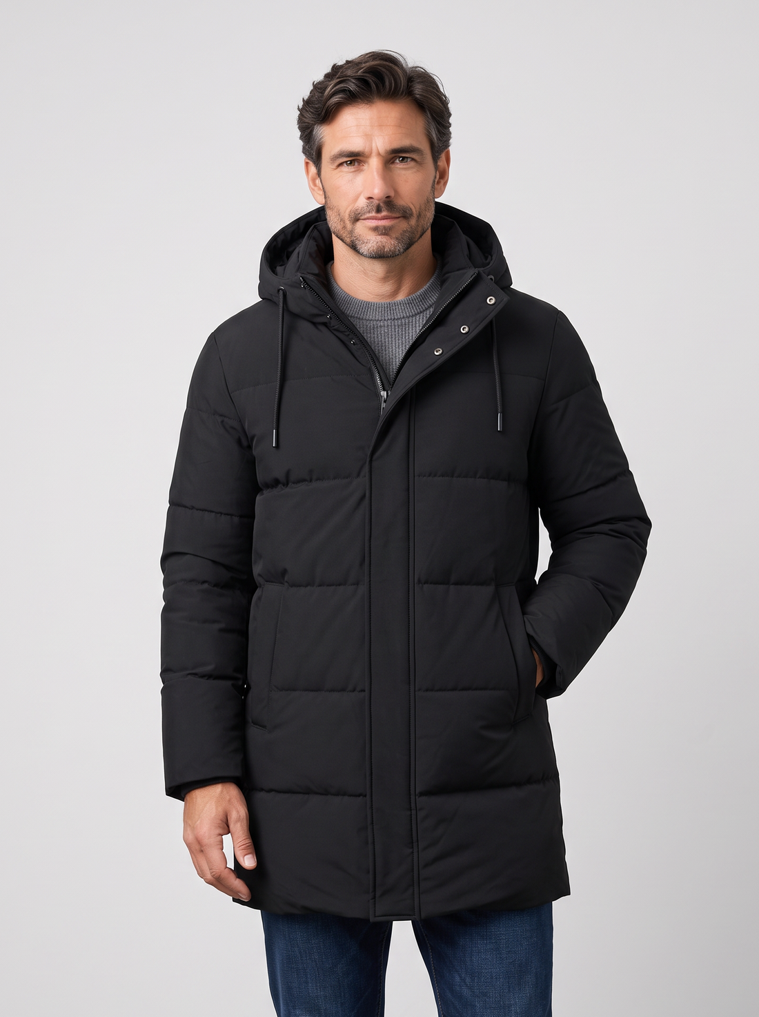 Man wearing black waterproof insulated long puffer jacket with hood, front view