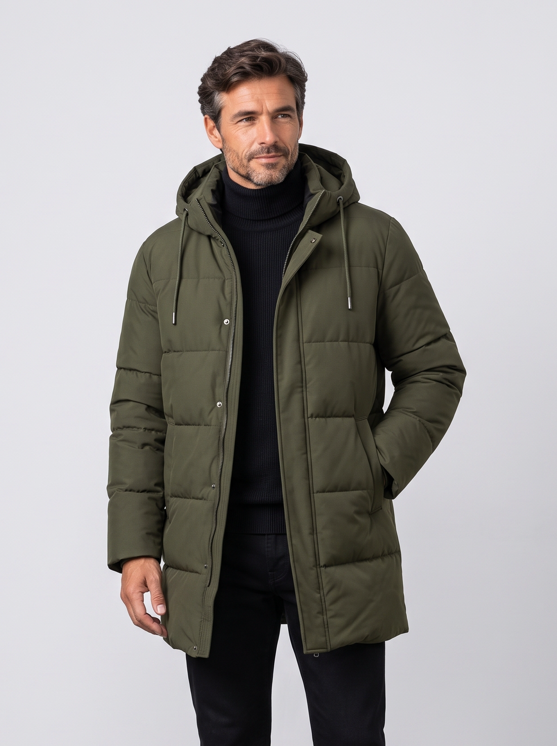 Men's army green waterproof insulated long puffer jacket with hood