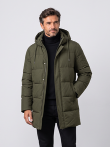 Men's army green waterproof insulated long puffer jacket with hood