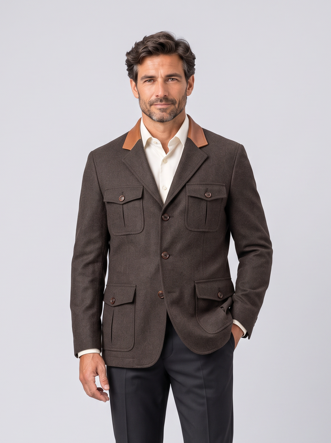 Men's coffee brown vintage field jacket with contrast trim