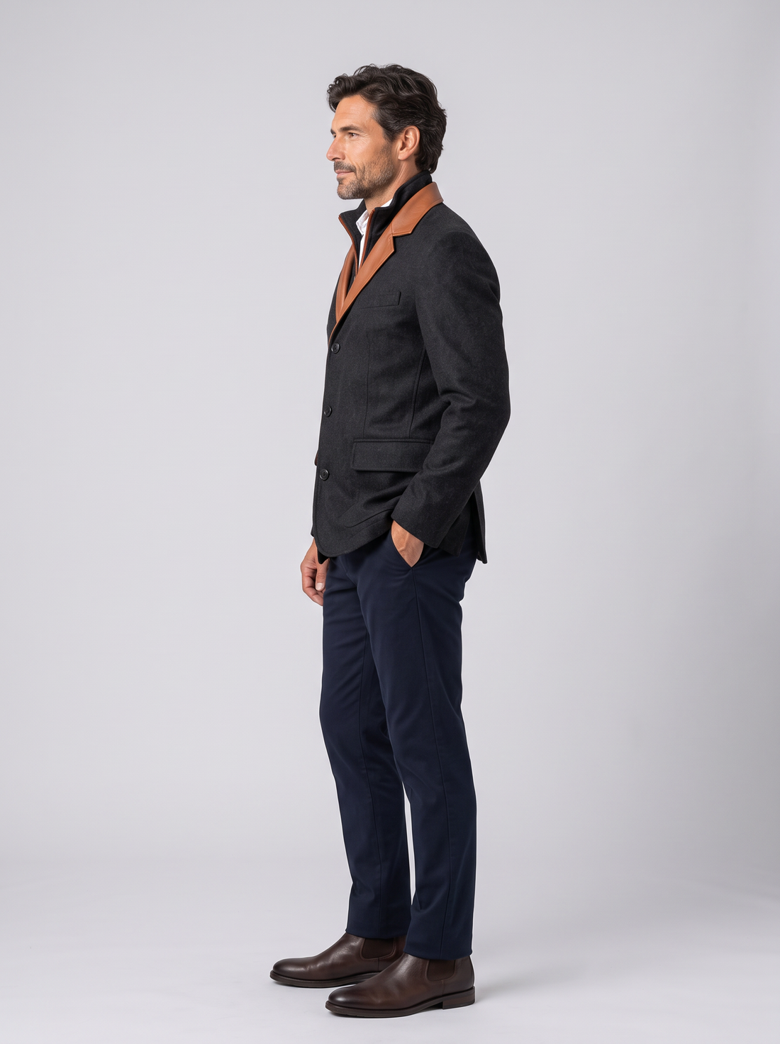 Side view of men's black field jacket with contrast collar