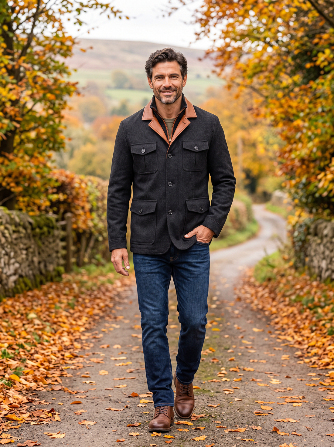 Man walking a countryside lane in a black vintage field jacket