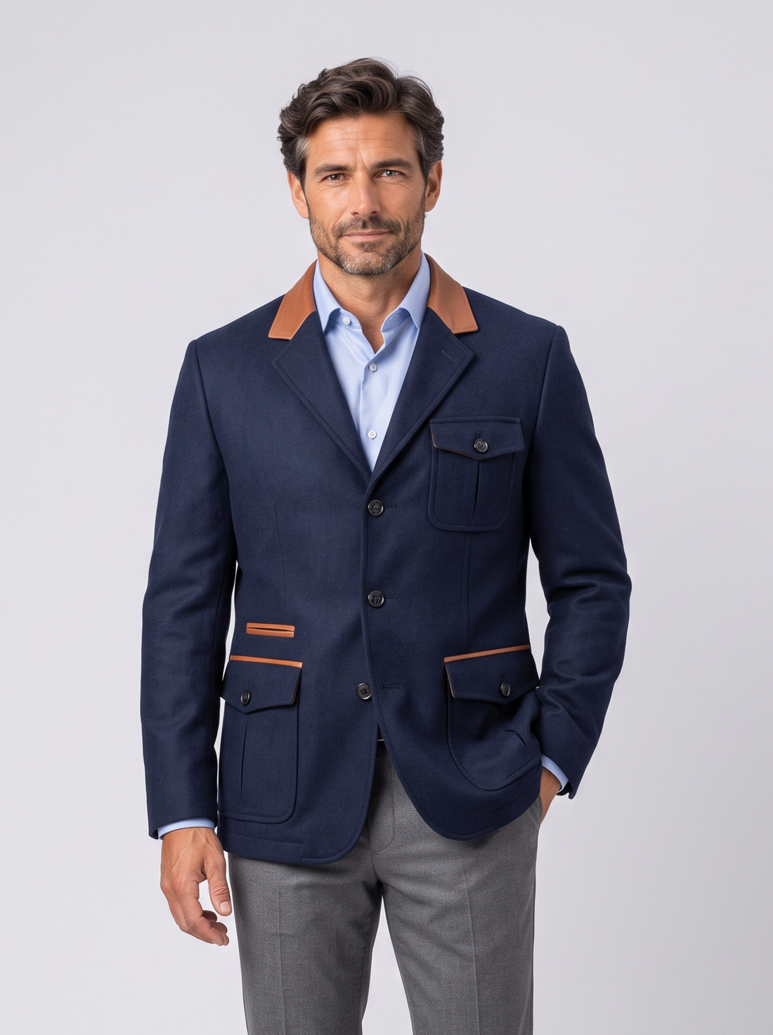 Men's navy blue vintage field jacket with contrast trim