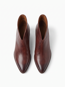 Top view of a pair of brown pointed toe ankle boots