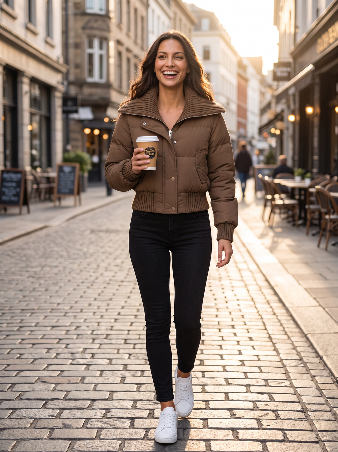 Woman walking in city street wearing brown cropped puffer jacket