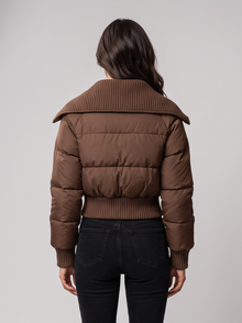 Brown cropped puffer jacket with ribbed knit collar, back view