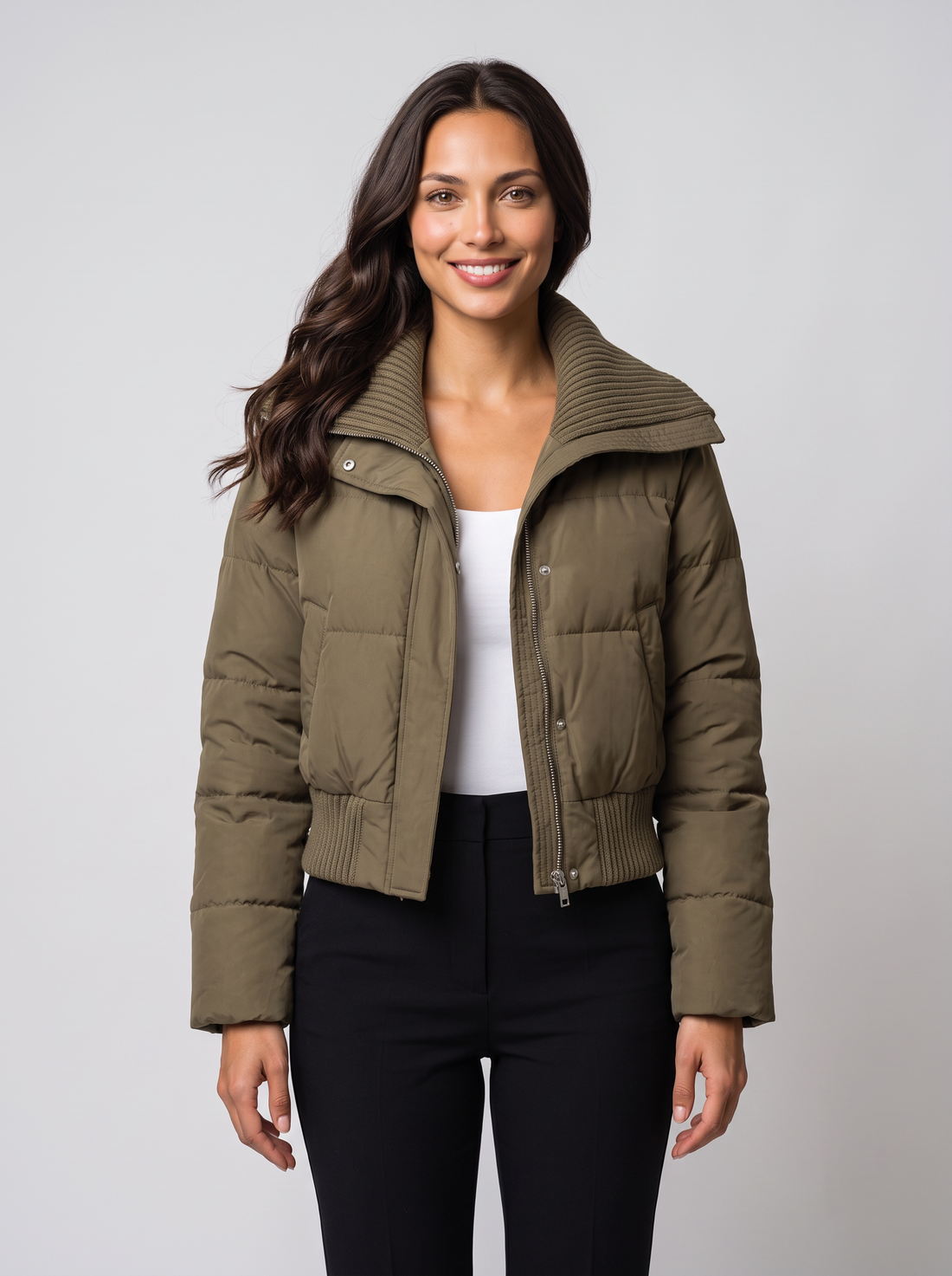 Khaki cropped puffer jacket with ribbed knit collar on model