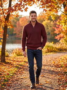 Man walking in autumn park wearing red cashmere quarter-zip jumper