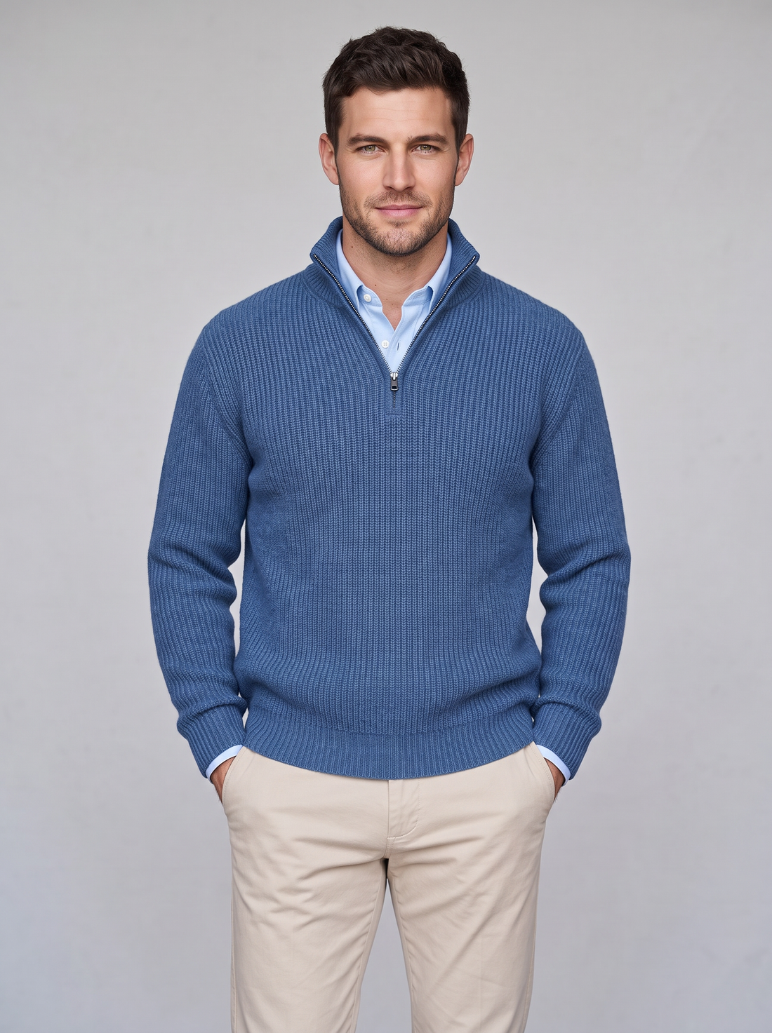 Blue cashmere rib-knit quarter-zip sweater on model