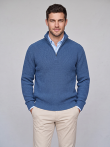 Blue cashmere rib-knit quarter-zip sweater on model