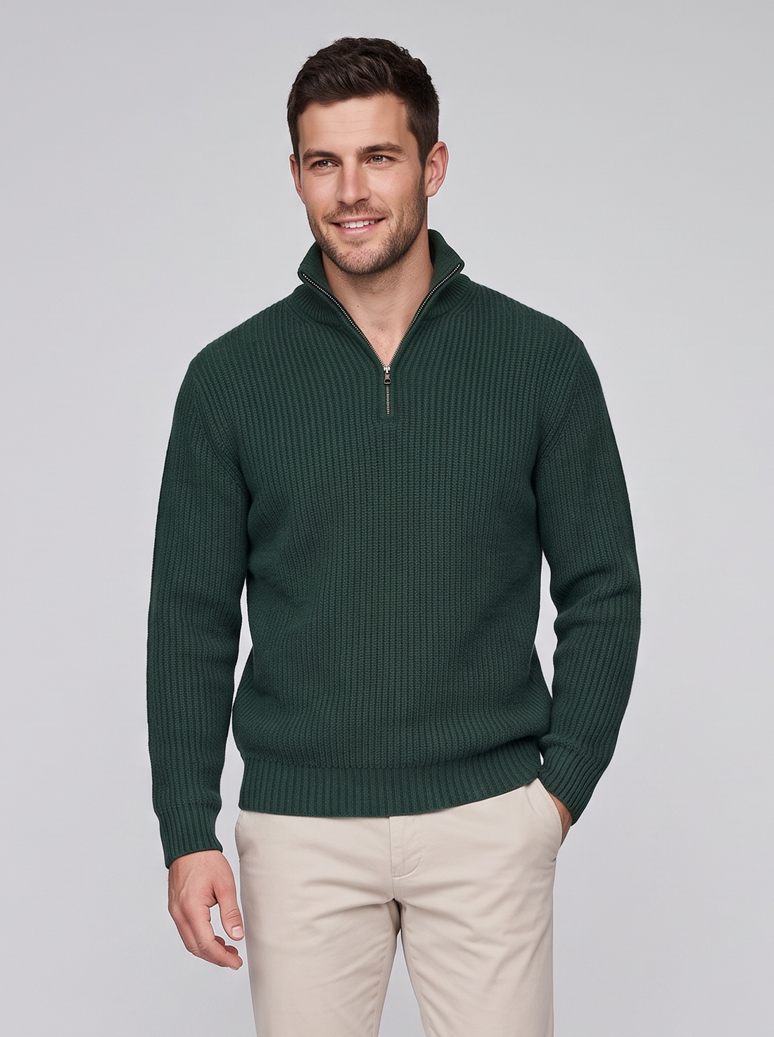 Green cashmere rib-knit quarter-zip sweater on model