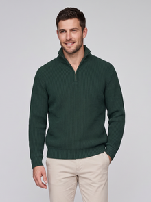 Green cashmere rib-knit quarter-zip sweater on model