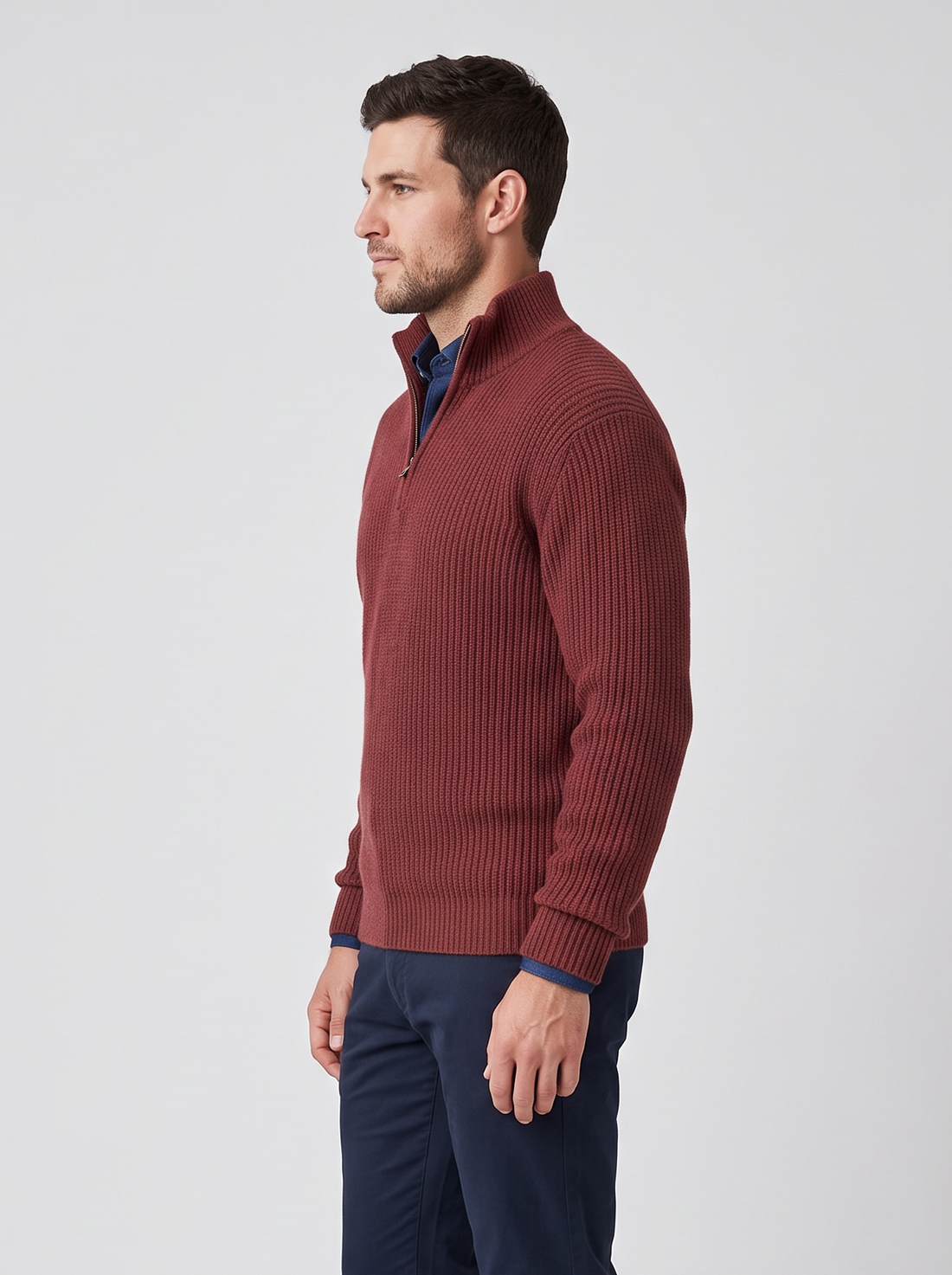 Red cashmere quarter-zip sweater, side view with navy chinos