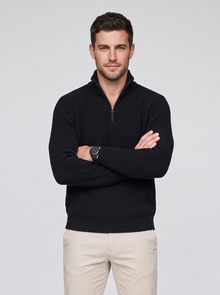 Black cashmere rib-knit quarter-zip sweater on model
